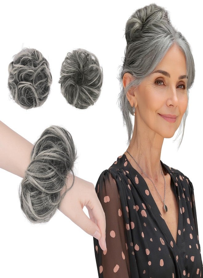 FESHFEN 2PCs Small Messy Bun Hair Piece for Thin Hair Women Girl Mini Synthetic Elastic Wavy Space-bun Scrunchies Updo Hairpieces, Black Gray and White Tips - Image 1